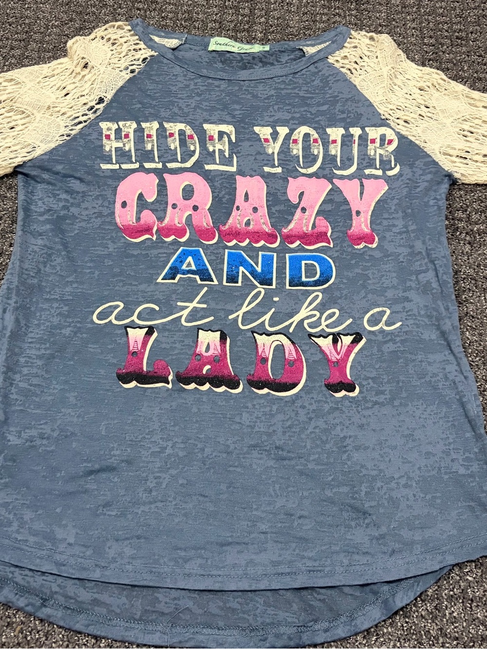 Blue Graphic Lace-Sleeve Women's Top - Hide Your Crazy